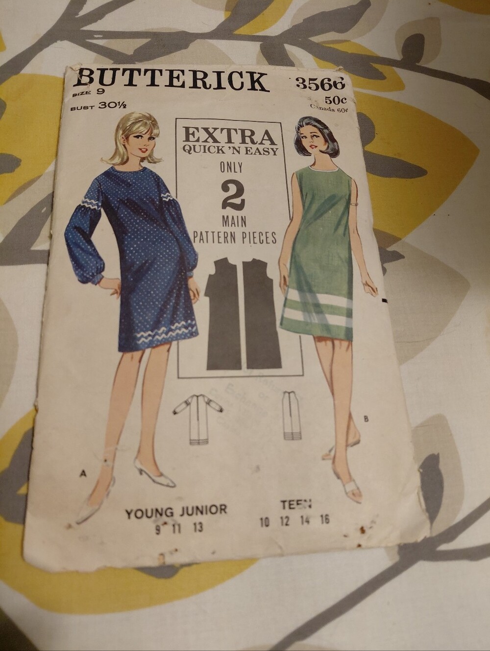Vintage Butterick 3566 Pattern. Shift Dress. Size 9, Bust 30 1/2.